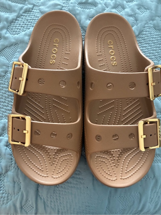 CROCS Shoes - CROCS Double Buckle Slide Sandals in Tan with Gold Buckles